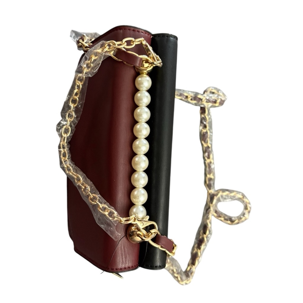 Badgley Mischka Black and Wine Double Crossbody Bag with Pearls - Picture 5 of 13